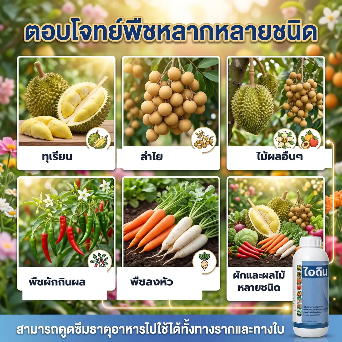พืชที่แนะนำให้ใช้ปุ๋ยน้ำเคมี ไอดิน 4-24-24 N 4% - P2O5 24% - K2O 24%